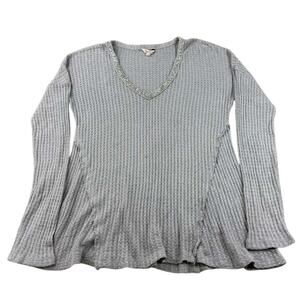 Juicy Couture Knit Top Women L Gray V‎ Neck Long Sleeve Waffle Knit Pullover